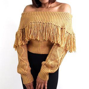 Blueb Collection Camel Color Cable Knit Off Shoulder Sweater With Fringed Detail